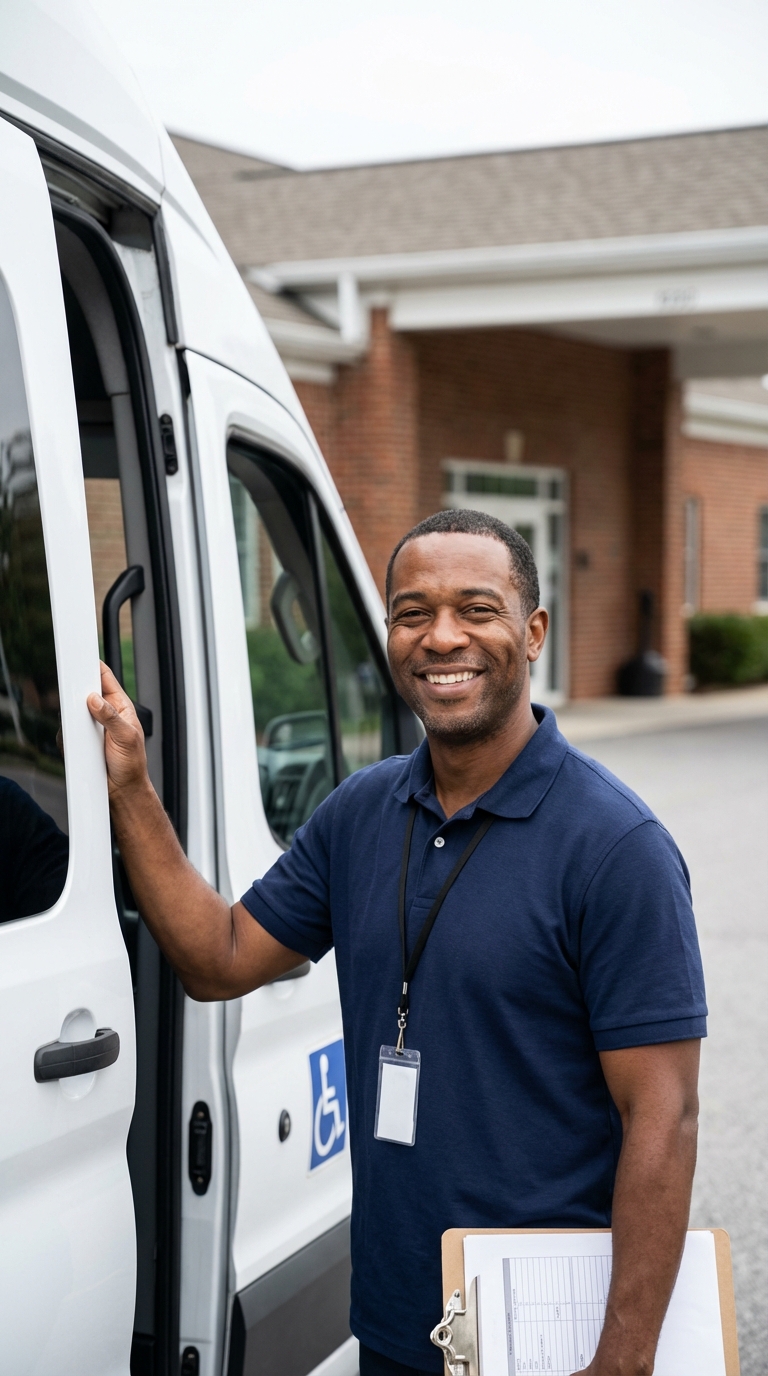 Professional NEMT fleet operations at a modern medical facility